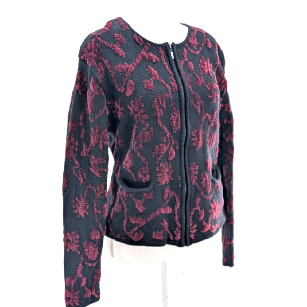 Field Manor Vtg Embroidered Floral Vines Black Bergundy Cardigan Sweater Size L